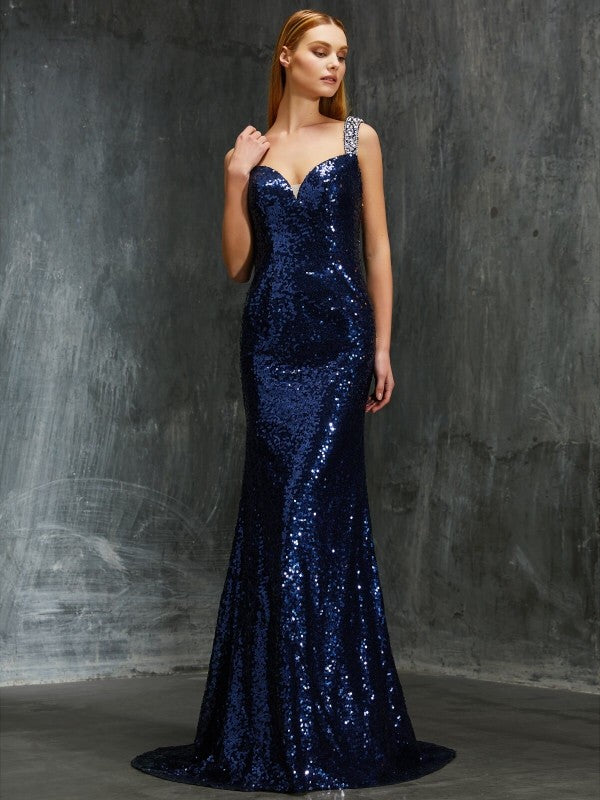 Dark Navy Sequin Mermaid Floor-Length Evening Dress with Sweetheart Neckline