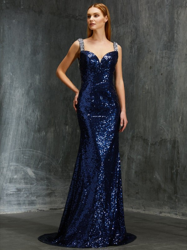 Dark Navy Sequin Mermaid Floor-Length Evening Dress with Sweetheart Neckline