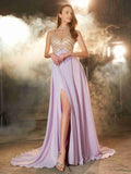 Lilac Chiffon A-Line Floor-Length High Neck Dress with Beaded Bodice and High Slit