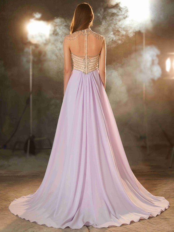 Lilac Chiffon A-Line Floor-Length High Neck Dress with Beaded Bodice and High Slit