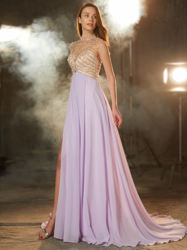 Lilac Chiffon A-Line Floor-Length High Neck Dress with Beaded Bodice and High Slit