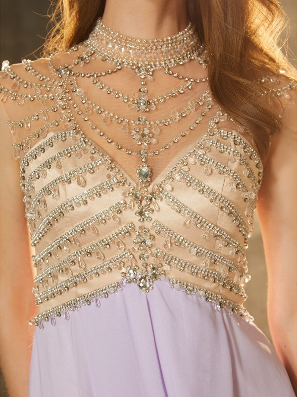 Vestidos de gasa con cristales, corte A/princesa, cuello alto, sin mangas, cola larga