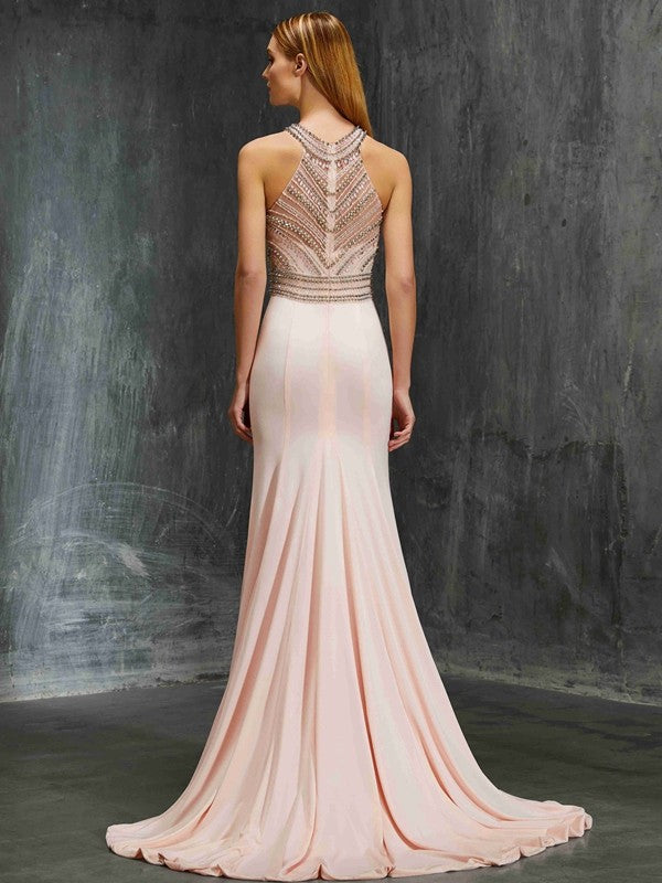 Sheath/Column Scoop Sleeveless Sweep/Brush Train Beading Spandex Dresses