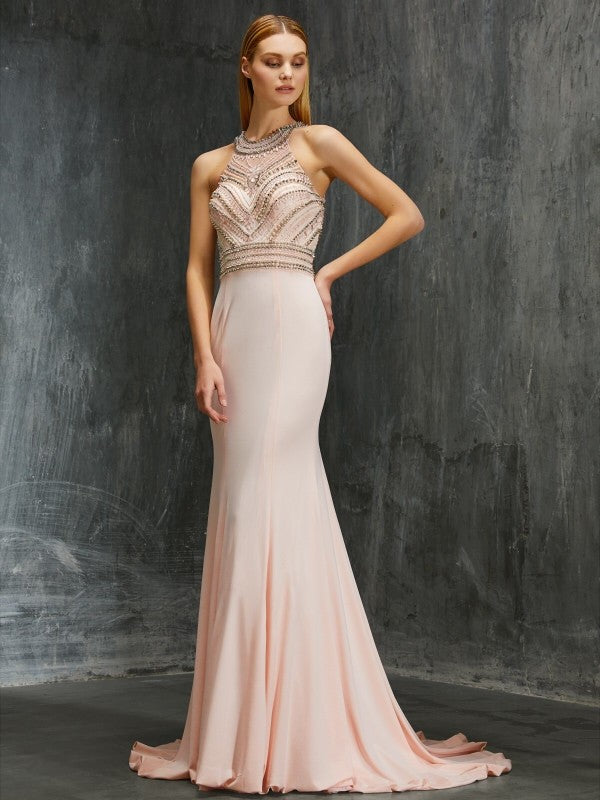 Sheath/Column Scoop Sleeveless Sweep/Brush Train Beading Spandex Dresses