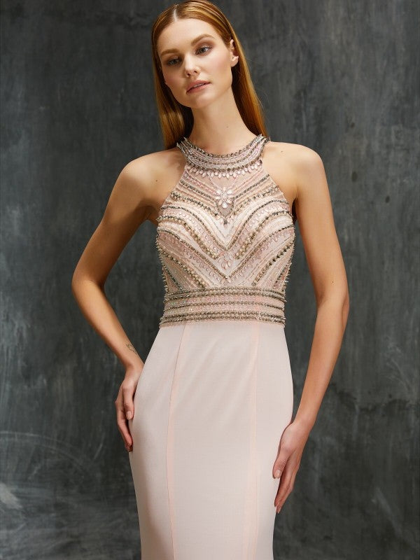 Sheath/Column Scoop Sleeveless Sweep/Brush Train Beading Spandex Dresses