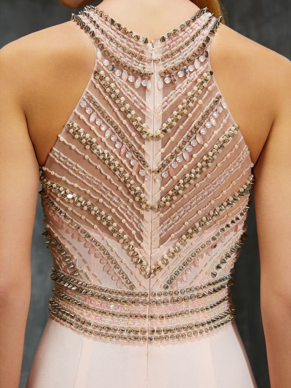 Sheath/Column Scoop Sleeveless Sweep/Brush Train Beading Spandex Dresses