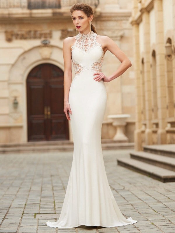 Trumpet/Mermaid High Neck Sleeveless Sweep/Brush Train Applique Spandex Dresses