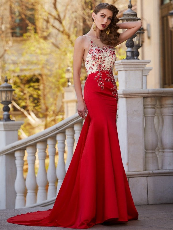 Red Satin Mermaid Floor-Length Dress with Beaded Bodice & Sweep Train