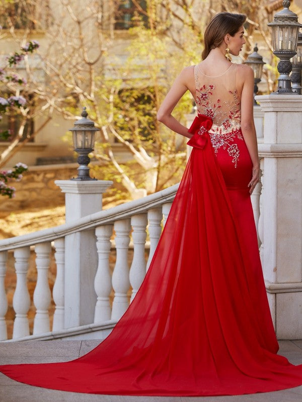 Red Satin Mermaid Floor-Length Dress with Beaded Bodice & Sweep Train