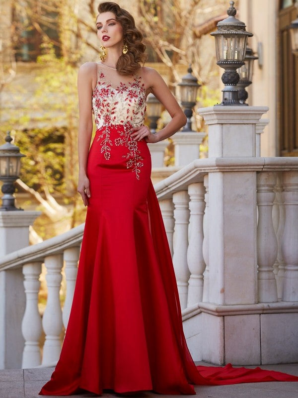 Red Satin Mermaid Floor-Length Dress with Beaded Bodice & Sweep Train