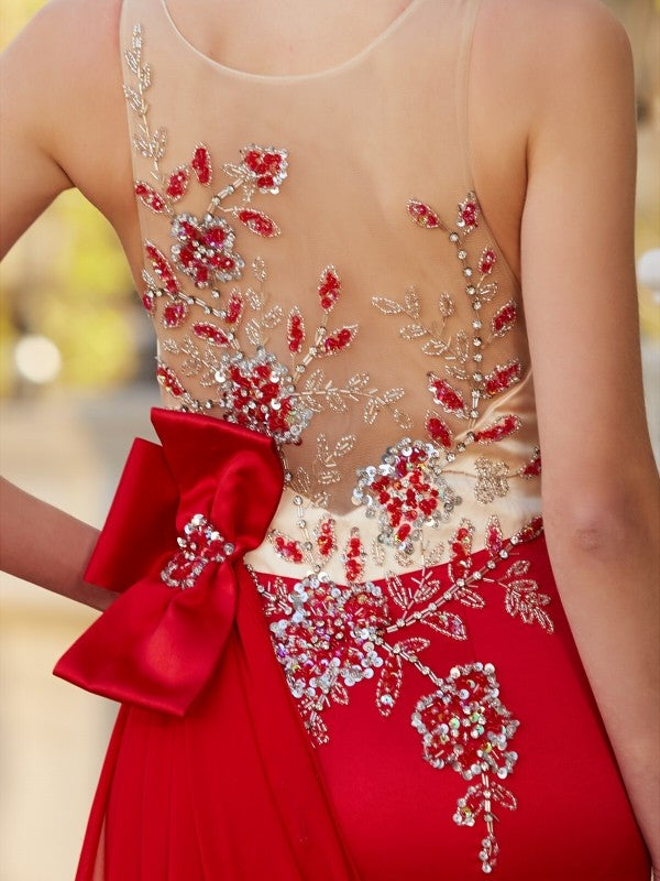 Red Satin Mermaid Floor-Length Dress with Beaded Bodice & Sweep Train