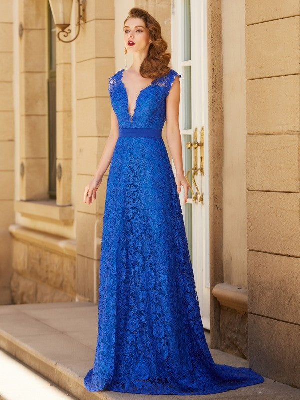 Royal Blue Lace A-Line Floor-Length Evening Dress with Plunging V-Neck