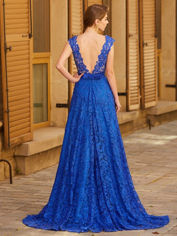Royal Blue Lace A-Line Floor-Length Evening Dress with Plunging V-Neck