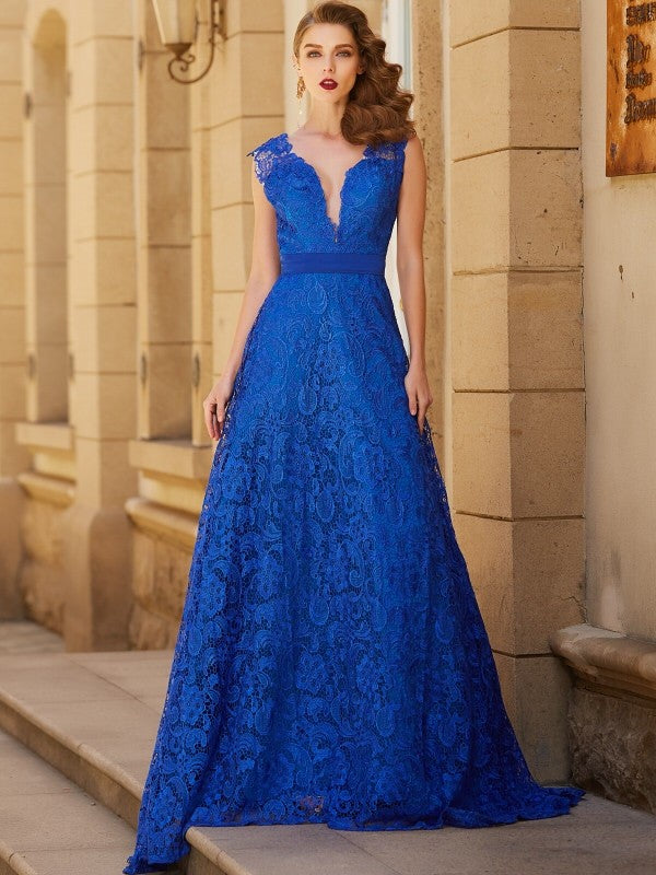 Vestidos de encaje con lazo, sin mangas, escote en V y corte princesa