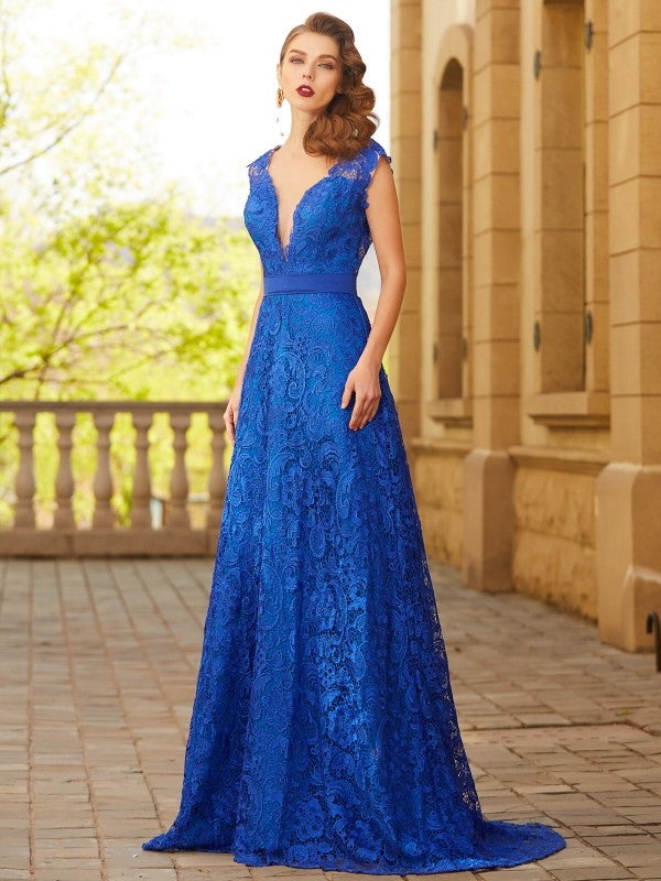 Vestidos de encaje con lazo, sin mangas, escote en V y corte princesa