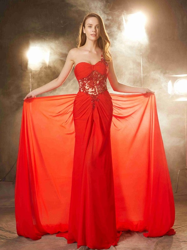 Red Chiffon Sheath/column Floor-Length Evening Dress with One Shoulder Neckline, Lace Bodice, and Back Zip