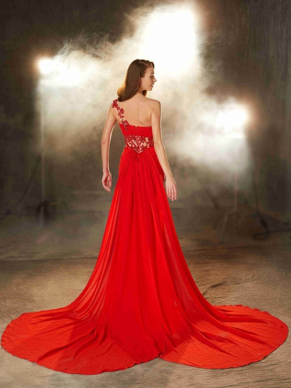 Red Chiffon Sheath/column Floor-Length Evening Dress with One Shoulder Neckline, Lace Bodice, and Back Zip