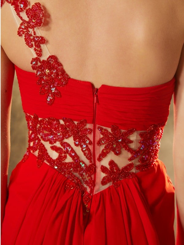 Red Chiffon Sheath/column Floor-Length Evening Dress with One Shoulder Neckline, Lace Bodice, and Back Zip