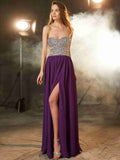 Abiti in chiffon lunghi fino al pavimento, senza maniche, con scollo a cuore e cristalli, stile a trapezio/principessa