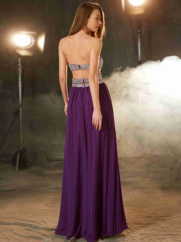 Abiti in chiffon lunghi fino al pavimento, senza maniche, con scollo a cuore e cristalli, stile a trapezio/principessa