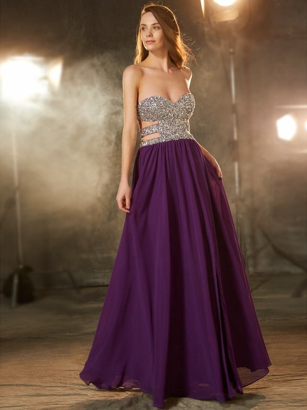 Mulberry Sequin Chiffon A-Line Sweetheart Floor-Length Dress