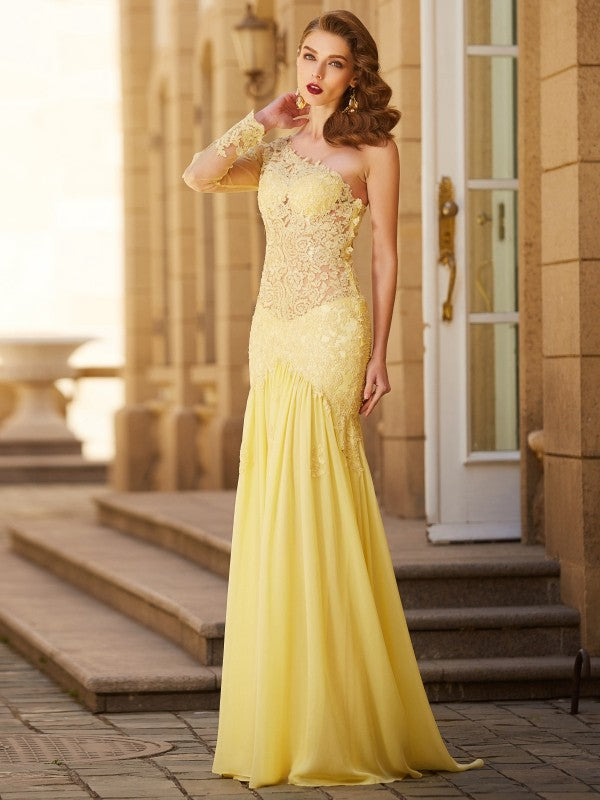 Abiti in chiffon con strascico a ruota, maniche lunghe, monospalla, in pizzo e a tubino