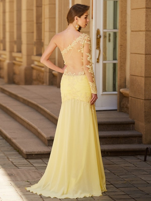 Abiti in chiffon con strascico a ruota, maniche lunghe, monospalla, in pizzo e a tubino