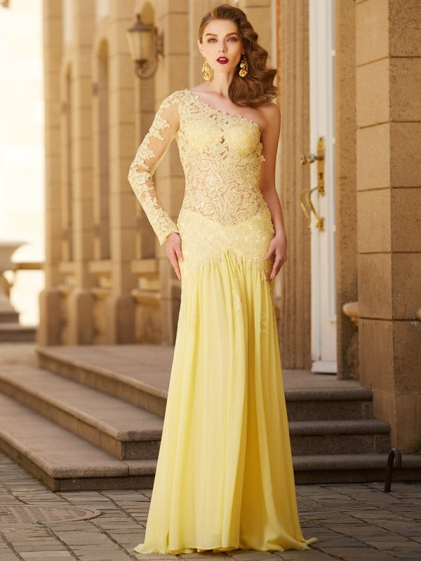 Sheath/Column One-Shoulder Lace Long Sleeves Sweep/Brush Train Chiffon Dresses