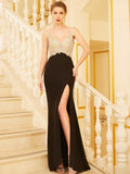 Black Sequin Sheath/column Floor-Length Dress with V-Neck and Backless Design