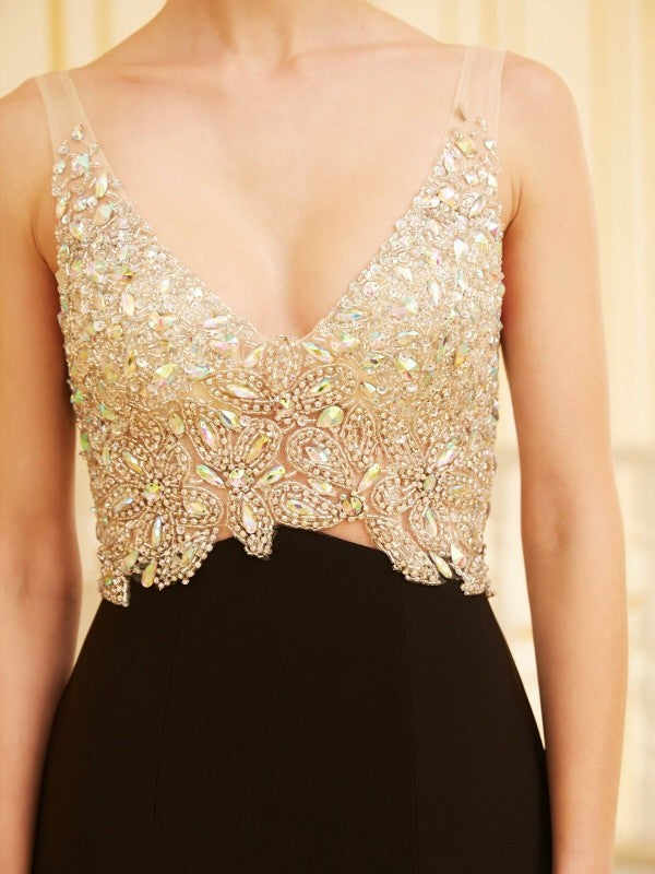 Black Sequin Sheath/column Floor-Length Dress with V-Neck and Backless Design