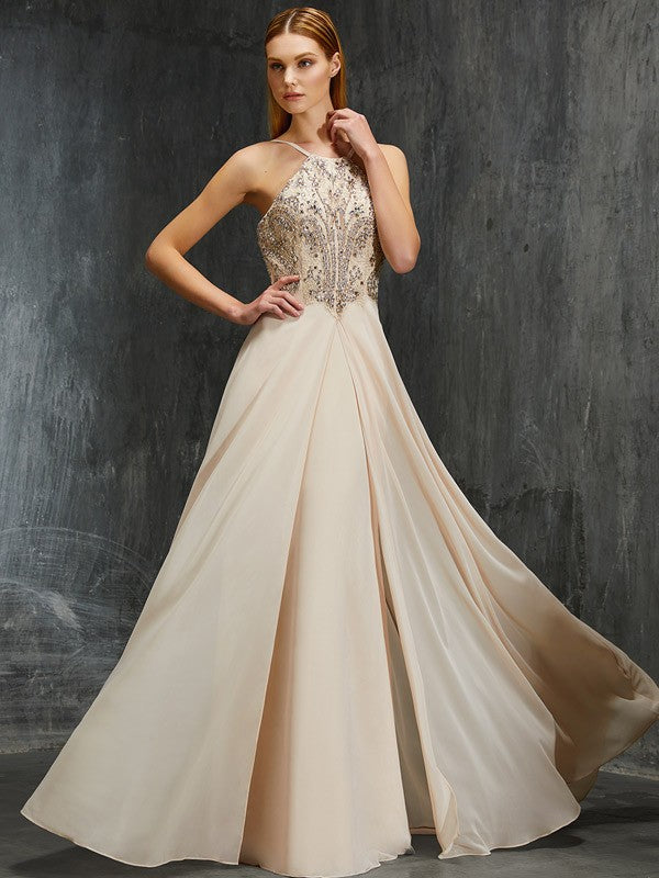 Vestidos de gasa con corte A/princesa, tirantes finos, sin mangas, con abalorios y cola larga