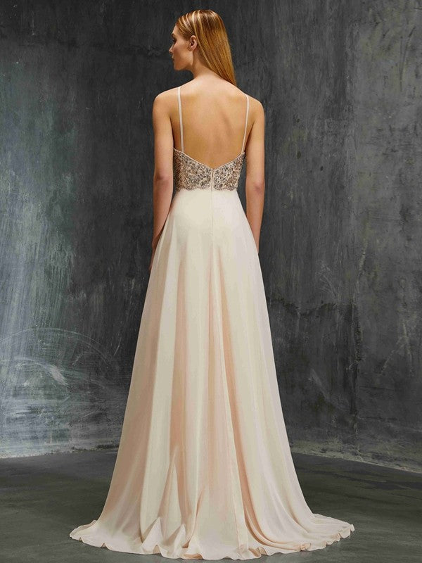 Vestidos de gasa con corte A/princesa, tirantes finos, sin mangas, con abalorios y cola larga