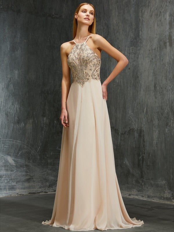 Vestidos de gasa con corte A/princesa, tirantes finos, sin mangas, con abalorios y cola larga