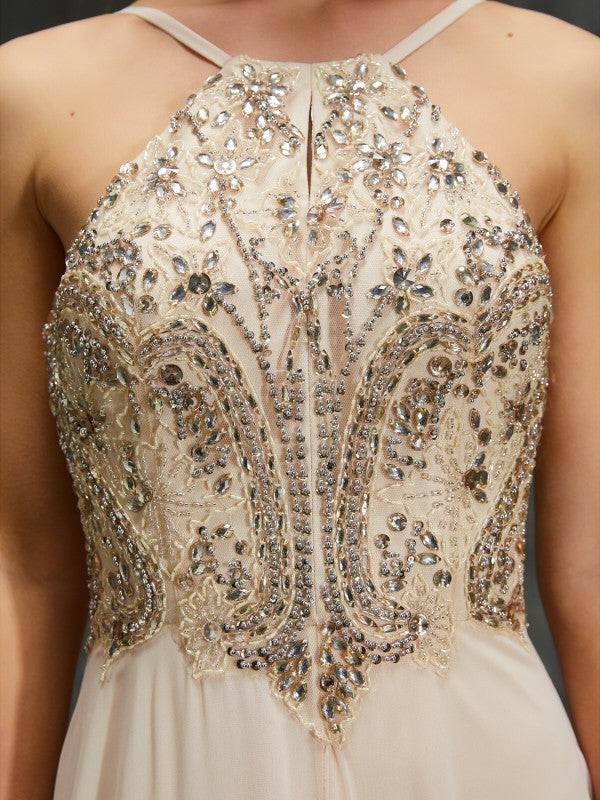 Vestidos de gasa con corte A/princesa, tirantes finos, sin mangas, con abalorios y cola larga