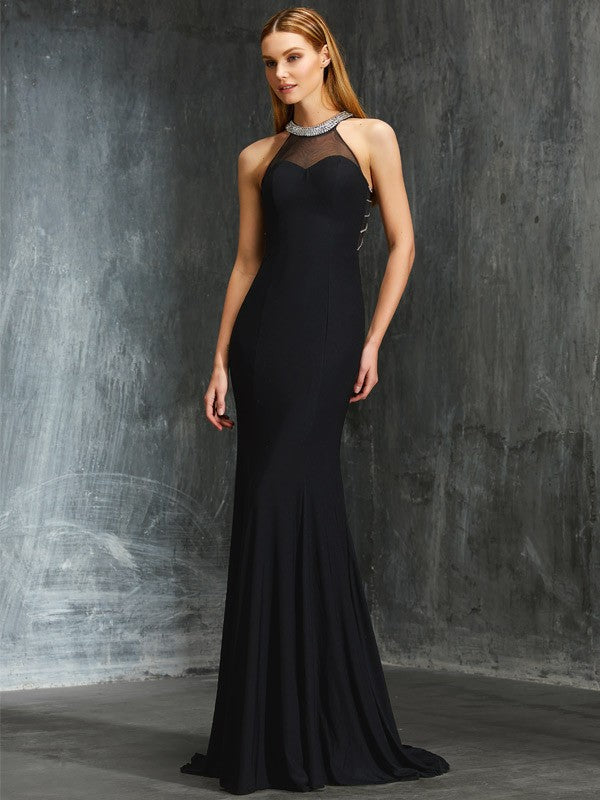 Black Crepe Mermaid Floor-Length Evening Dress with Beaded Halter Neckline