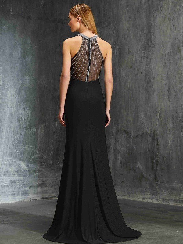 Black Crepe Mermaid Floor-Length Evening Dress with Beaded Halter Neckline