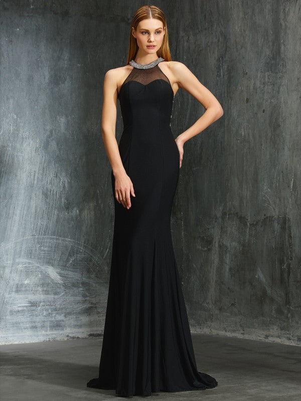 Black Crepe Mermaid Floor-Length Evening Dress with Beaded Halter Neckline