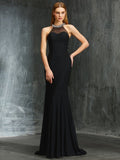 Black Crepe Mermaid Floor-Length Evening Dress with Beaded Halter Neckline