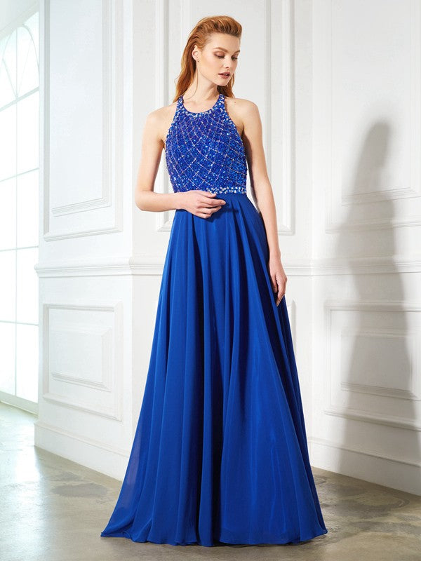 Royal Blue Chiffon A-Line Floor-Length Evening Dress