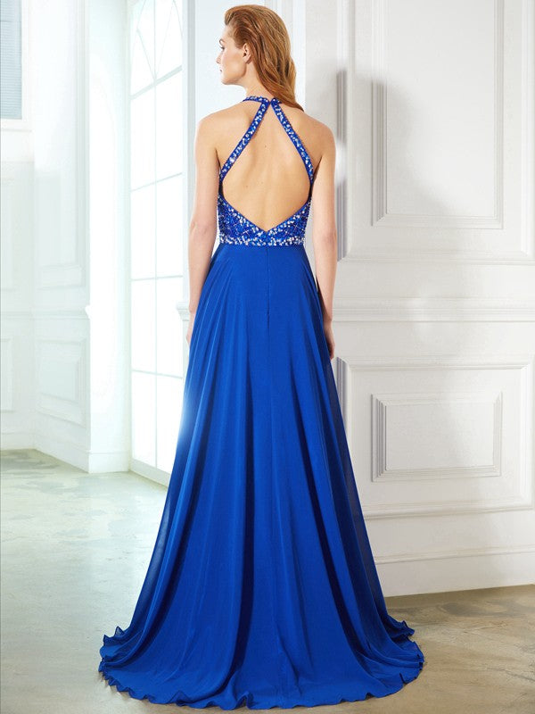 Royal Blue Chiffon A-Line Floor-Length Evening Dress