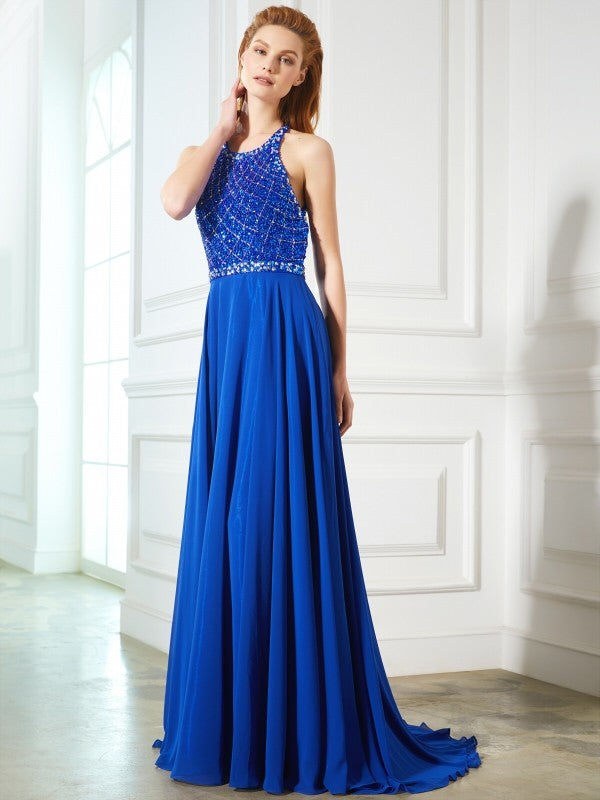 Royal Blue Chiffon A-Line Floor-Length Evening Dress