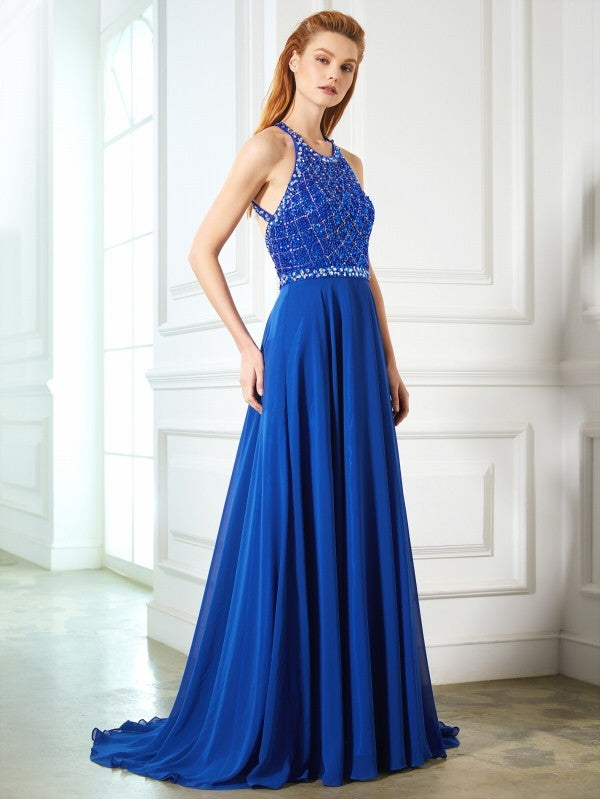 Royal Blue Chiffon A-Line Floor-Length Evening Dress