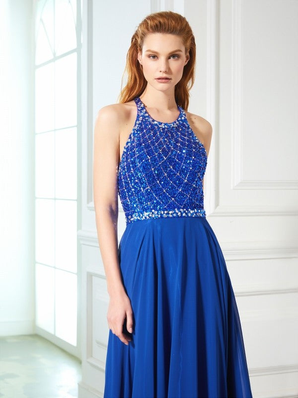 Royal Blue Chiffon A-Line Floor-Length Evening Dress