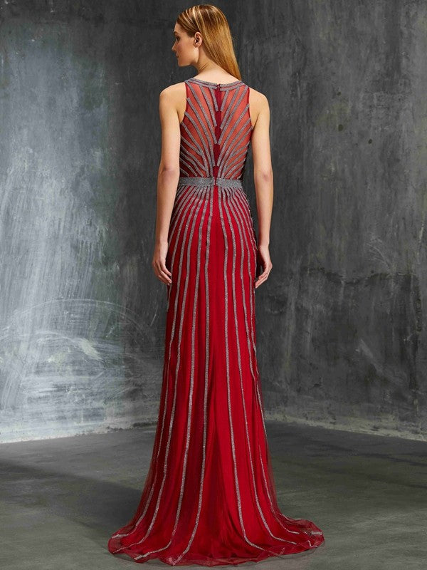 Red Chiffon Sheath/column Floor-Length Evening Dress with Geometric Sequins & Illusion Neck