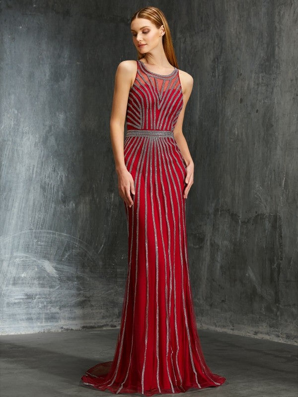 Vestidos de corte tubo/columna con escote redondo, abalorios, sin mangas, de red y cola larga