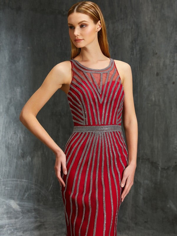 Vestidos de corte tubo/columna con escote redondo, abalorios, sin mangas, de red y cola larga