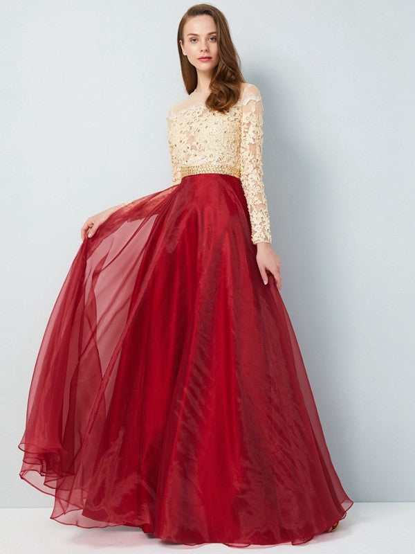 Abiti in organza con applicazioni, maniche lunghe, scollo a V, stile a trapezio/principessa, lunghi fino a terra
