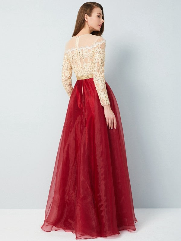 Vestidos de organza con apliques y mangas largas, corte princesa, escote transparente y largo hasta el suelo