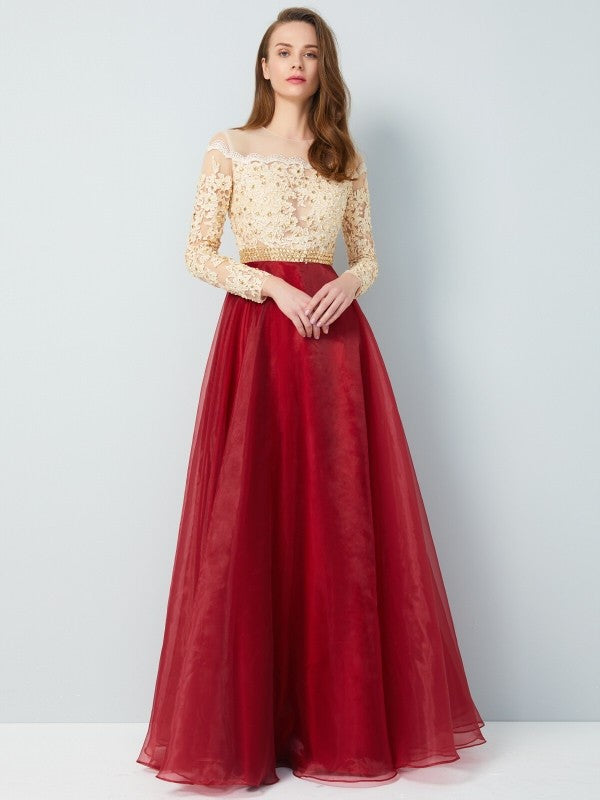Abiti in organza con applicazioni, maniche lunghe, scollo a V, stile a trapezio/principessa, lunghi fino a terra