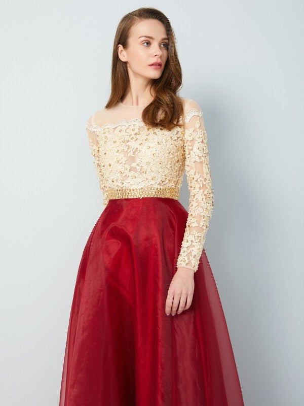 Vestidos de organza con apliques y mangas largas, corte princesa, escote transparente y largo hasta el suelo